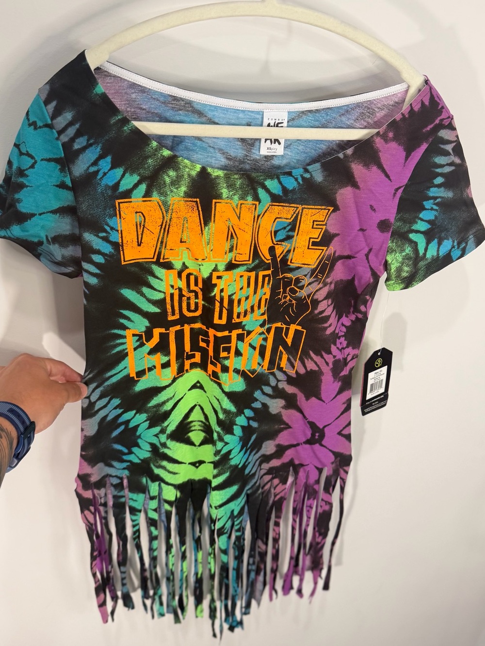 Zumba Women's XS Dance Is The Mission Off The Shoulder Slashed Tee multicolor